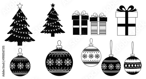 Collection of Black and White Christmas Icons: Trees, Gifts, and Ornaments