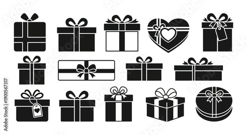 Collection of Black and White Gift Boxes with Ribbons and Bows for Celebration