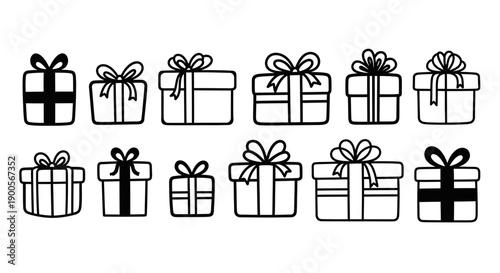 Collection of cartoon gift boxes with bows, icons and illustrations for design