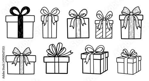 Collection of Black and White Hand-Drawn Gift Boxes with Ribbons and Bows