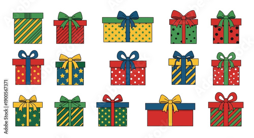 Collection of Colorful Gift Boxes with Ribbons and Bows, Festive Present Illustrations