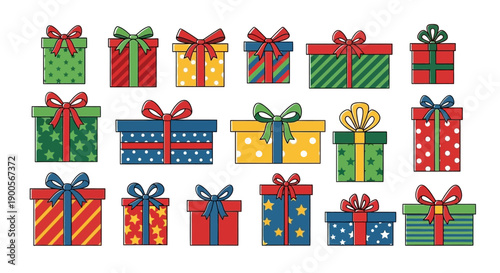 Collection of Colorful Gift Boxes with Ribbons and Bows, Festive Holiday Present Assortment