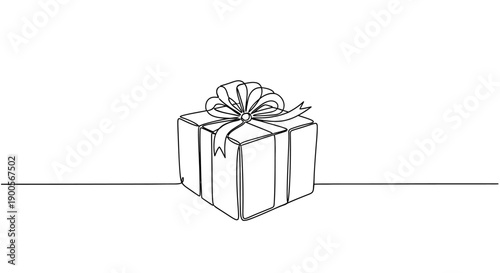 Continuous drawing of a gift box with a ribbon and bow, isolated on white background.