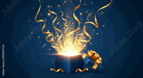 Gift Box Explodes with Golden Confetti and Ribbons, Symbolizing Surprise and Celebration