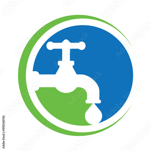 Minimalist water faucet logo vector with simple clean lines and balanced form, representing plumbing, water flow, and home utility services, isolated on white background.