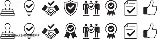 Black and white business icons set with check marks and symbols