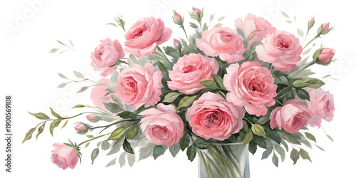 Beautiful bouquet of pink roses watercolor illustration, isolated on transparent background. Flower PNG.
