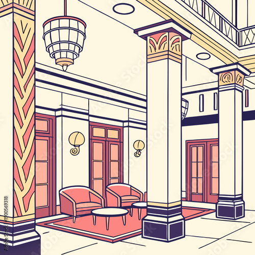 Elegant hotel lobby interior featuring art deco architectural elements plush armchairs and a round coffee table on a patterned rug creating a sophisticated and inviting waiting