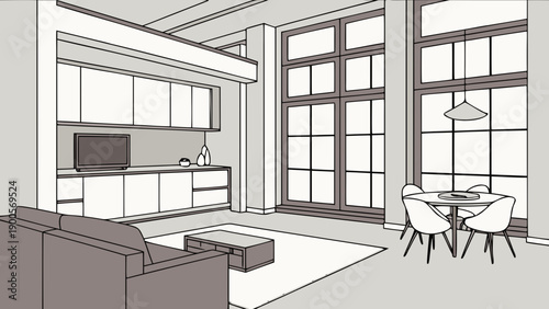 Modern loft apartment interior with open plan living area featuring a comfortable sofa coffee table dining set and large windows with natural light ideal for architectural