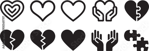 Heart shapes and hands icons in black on white background