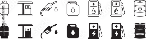 Set of black and white icons related to fuel and energy