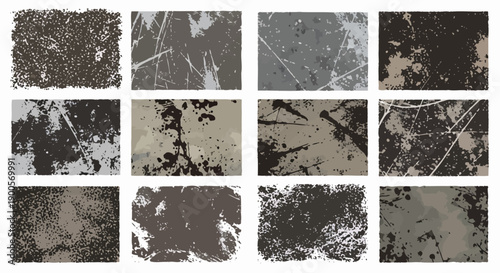 Collection of twelve distressed textured graphic design backgrounds in grey, black, and beige tones for grunge aesthetic applications