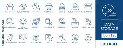 Data Cloud Server Storage Security Technology Vector Icon Set