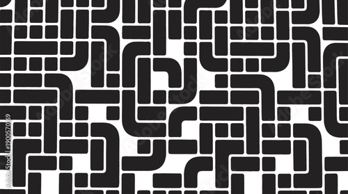 Abstract black and white geometric maze pattern with interconnected lines and shapes, modern high contrast artwork for digital design, architectural decoration, creative decor, and 