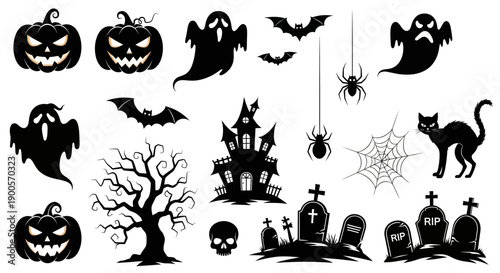 A collection of black Halloween-themed silhouettes including pumpkins, ghosts, bats, a haunted house, a black cat, a spooky tree, spiders, and gravestones.