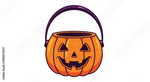 A cartoon illustration of a classic orange jack-o'-lantern candy bucket with a purple handle, perfect for Halloween trick-or-treating.