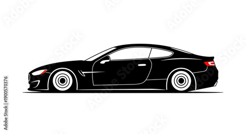 Sleek black sports car with white-rimmed wheels, depicted in a minimalist side profile against a white background.