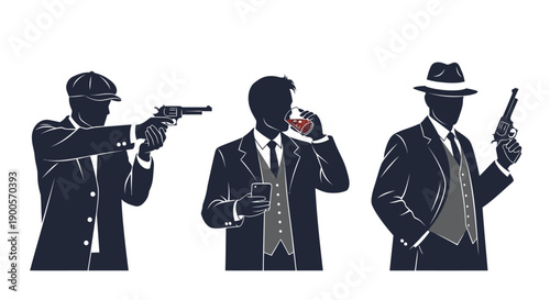 Silhouettes of three men in vintage suits and hats, one aiming a pistol, another drinking and holding a phone, and the third holding a gun.