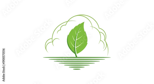 A vibrant green leaf emerges from a stylized cloud formation above a serene, layered landscape.