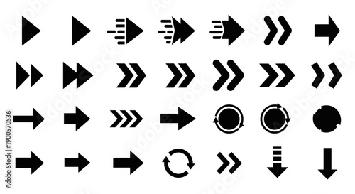 A collection of various arrow icons and symbols, including play, fast forward, double arrows, and circular arrows.