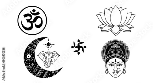 A collection of religious and spiritual symbols including Om, a lotus flower, a crescent moon with an elephant, a swastika, and a depiction of a Hindu goddess.