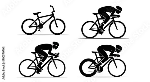 Four silhouettes of cyclists on different types of bicycles, including a BMX bike and three racing bikes in various aerodynamic positions.
