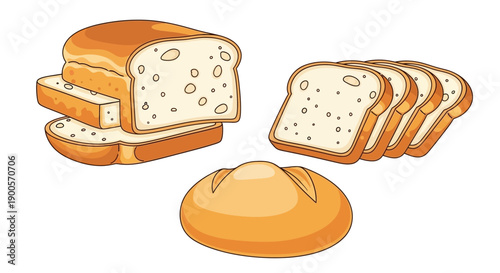 A collection of freshly baked bread, including sliced loaves and a round bun, presented in a clean, illustrative style.