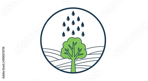 Illustration of a healthy green tree receiving rain under a cloudy sky, symbolizing nature and growth.