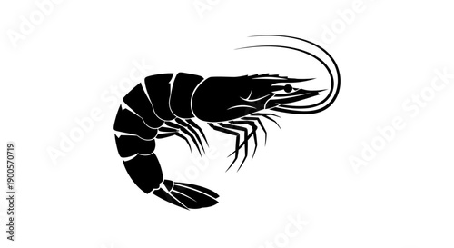 A stylized black silhouette of a shrimp with its antennae extended.