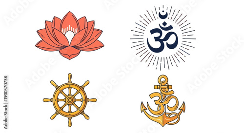 A collection of four distinct spiritual and symbolic icons: a lotus flower, the Om symbol, a ship's wheel, and an anchor with the Om symbol.