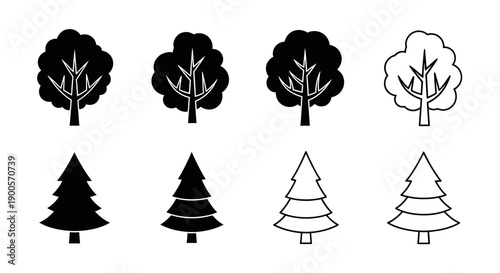 A collection of eight stylized tree icons, featuring four deciduous trees and four coniferous trees, presented in both solid black and outline formats.