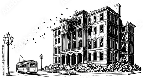 A vintage illustration depicts a damaged building with debris in front, a streetcar, cars, and birds flying overhead.