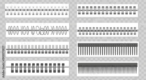 Collection of various types of spiral and comb binding elements for notebooks and documents.