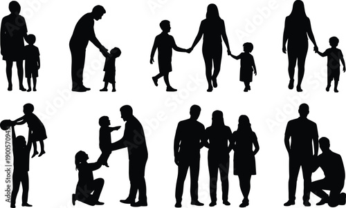 Black silhouette family interaction vector illustration with adults and children, parental love, bonding activities, parenting design, happy lifestyle concept graphic
