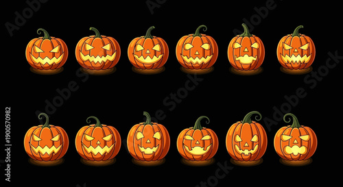 A collection of twelve carved Halloween pumpkins with glowing faces against a black background.