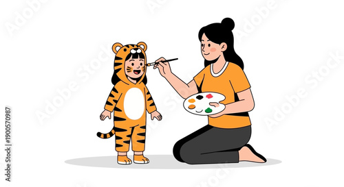 A mother is painting the face of her child dressed in a tiger costume, preparing for a playful event.