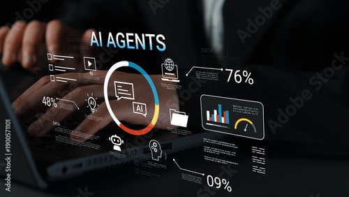 Futuristic Workspace Depicting Artificial Intelligence Agents Interfacing with Data on a Laptop in a Professional Setting Gluon.