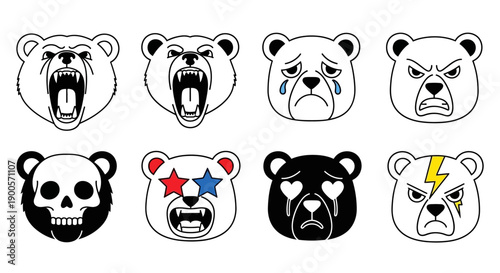 Collection of eight stylized bear faces expressing various emotions and themes, including anger, sadness, and a skull motif.