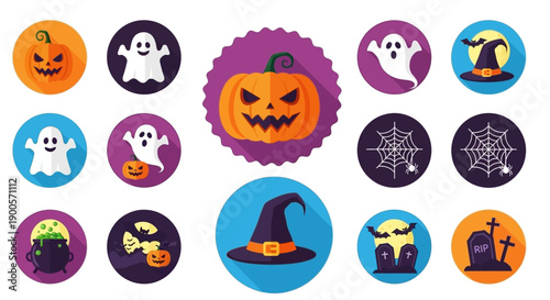 A collection of flat design Halloween icons including pumpkins, ghosts, witch hats, cauldrons, and tombstones.