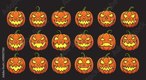 A collection of 15 carved Halloween pumpkins with various spooky and funny faces, set against a dark background.