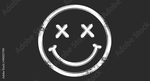 A distressed white smiley face with 'X' eyes on a black background.