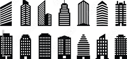 Modern building silhouettes collection featuring skyscrapers, high‑rise architecture, urban design, cityscape icons, construction, real estate, skyline, and architectural illustration