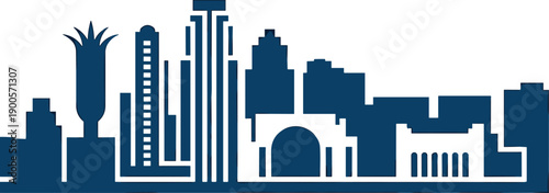 Stylized dark blue city skyline silhouette vector illustration with diverse architecture, urban landmark design, metropolitan identity, cultural and historical significance