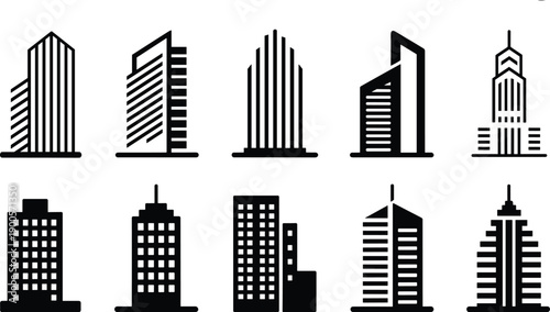 Stylized vector illustration of modern high‑rise building icons, diverse skyscraper designs, urban architecture silhouettes, cityscape elements, professional metropolitan landmark artwork