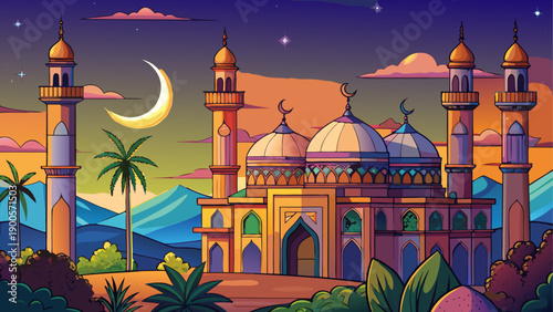 Vibrant cartoon middle eastern cityscape with mosque and moon