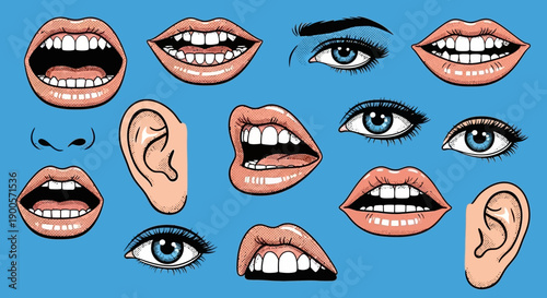 A vibrant pop art illustration featuring a collection of human facial features including mouths, eyes, and ears against a bright blue background.