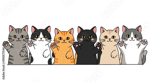 A charming illustration of six adorable cartoon cats of various colors waving their paws in a friendly greeting.