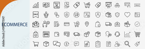 Online Ecommerce and Digital Shopping Line Icons Set, Vector Illustration