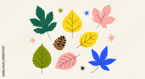 A collection of colorful autumn leaves and a pinecone arranged on a light beige background.