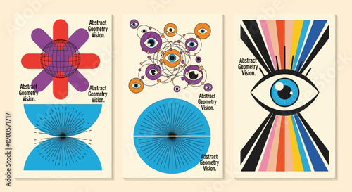 Three abstract geometric posters featuring stylized eyes and colorful patterns, evoking a sense of surrealism and modern design.